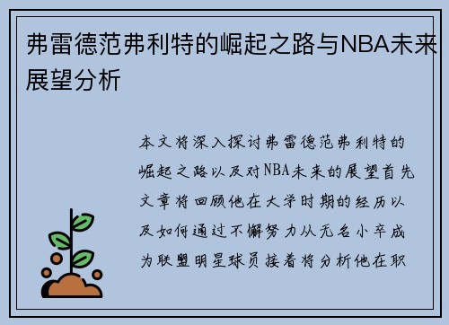 弗雷德范弗利特的崛起之路与NBA未来展望分析